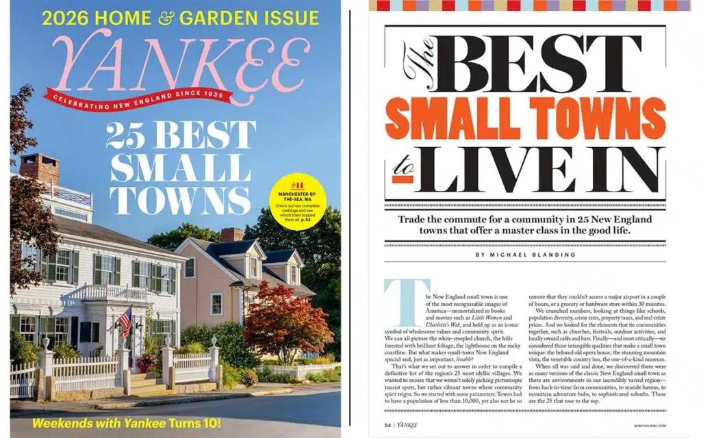 Cover of Yankee magazine's "25 Best Small Towns" issue, showing a sunny street with charming homes and flowers.