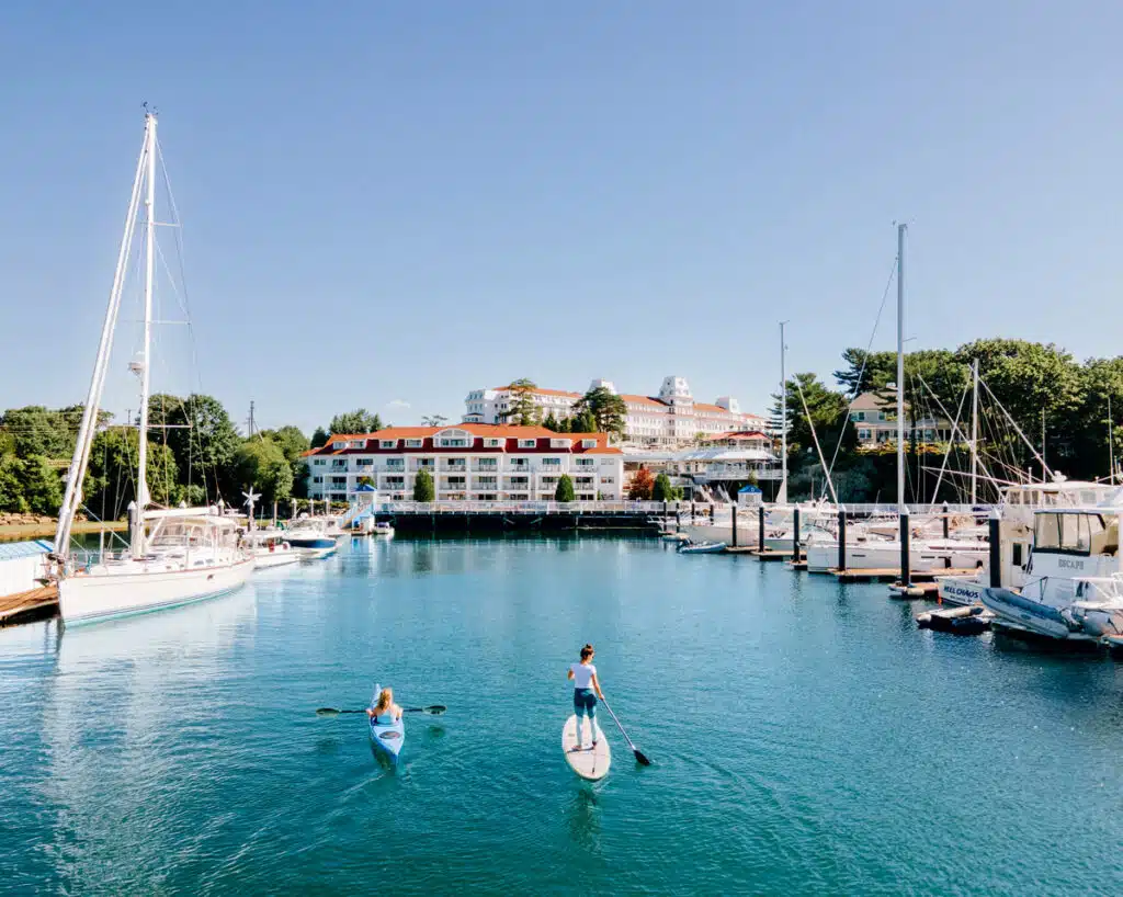 Two people paddleboarding in a marina with boats and a waterfront hotel under a clear blue sky.
