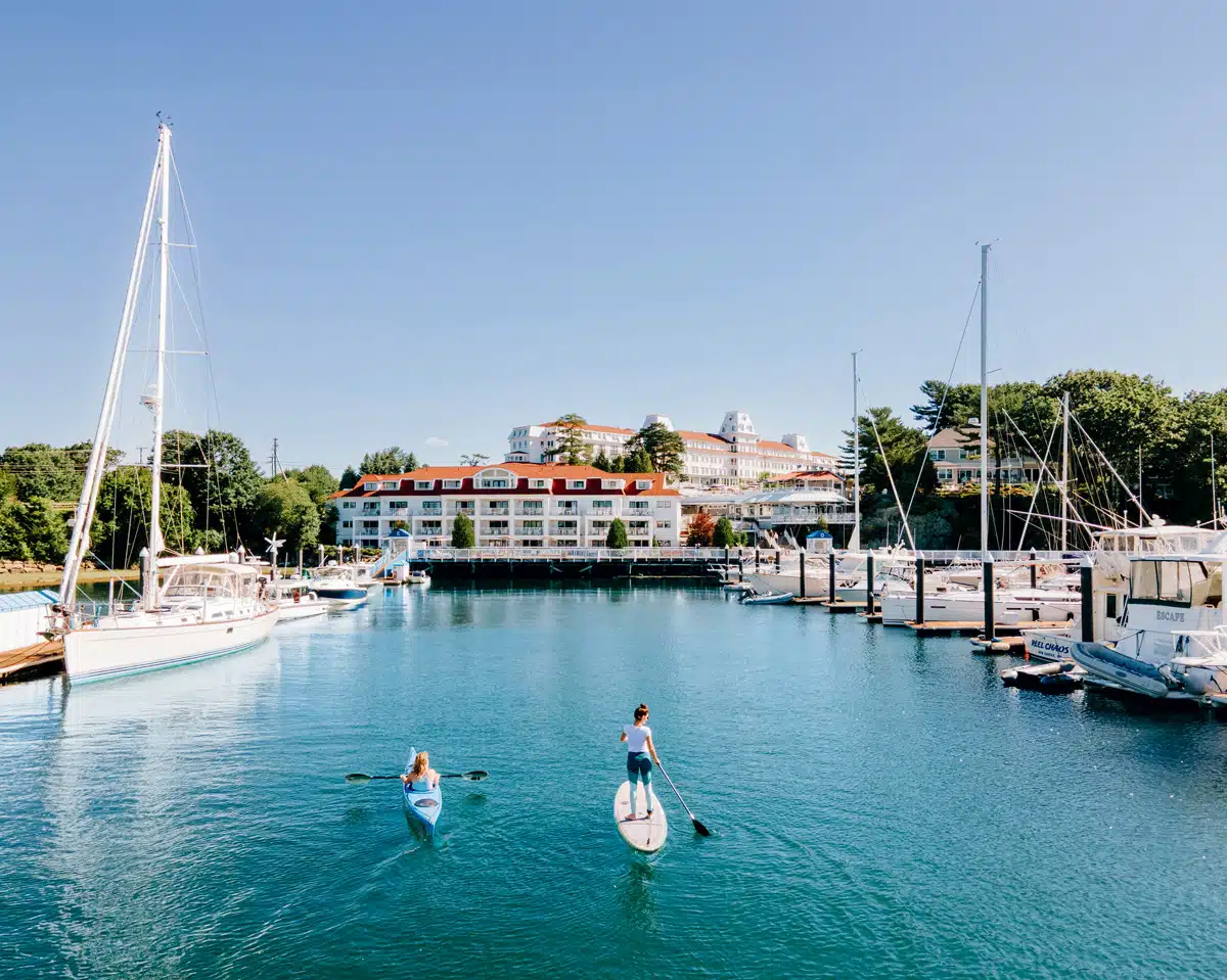 Two people paddleboarding in a marina with boats and a waterfront hotel under a clear blue sky.
