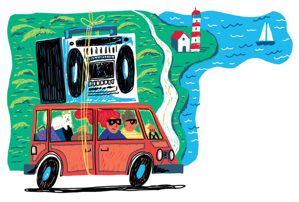 New England road trip songs. Cartoon of people in a car with a huge boombox on the roof, driving toward a lighthouse by the sea.