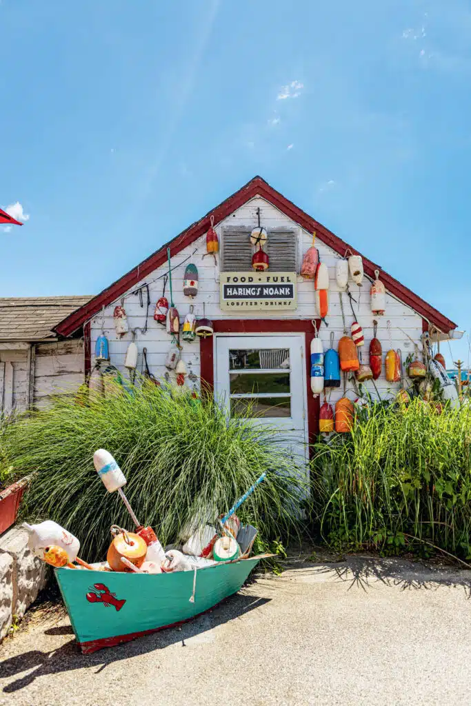 Small rustic shack decorated with colorful buoys, tall grass, and a boat in front under a bright blue sky.