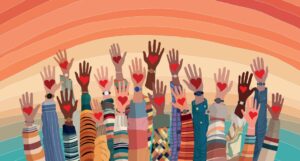 Diverse hands raised with heart symbols on palms against a rainbow-colored background.