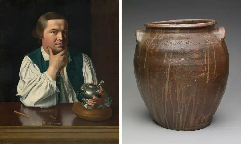 On the left, a man with a teapot; on the right, a large brown ceramic jar with writing near its rim.