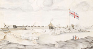 Historical fort by the water with a large flag, three people in foreground, and smoke rising in the distance.