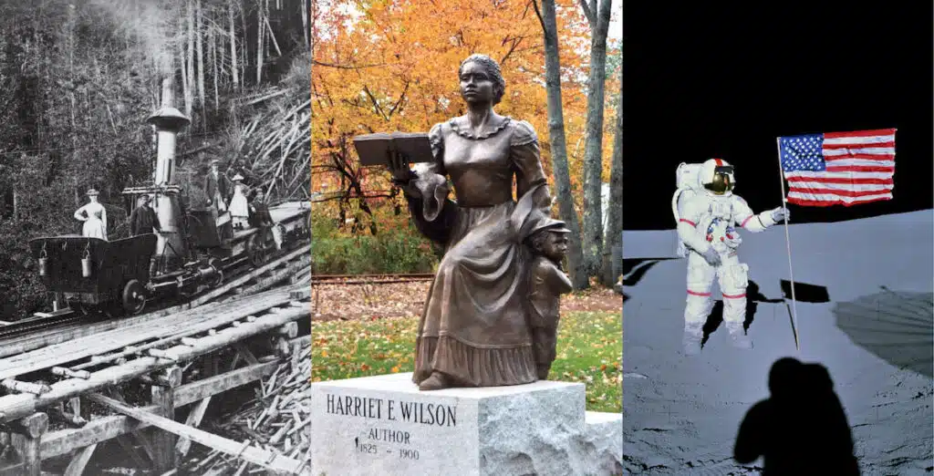 Three images: an old steam train, a statue of Harriet E. Wilson, and an astronaut with a US flag on the moon.