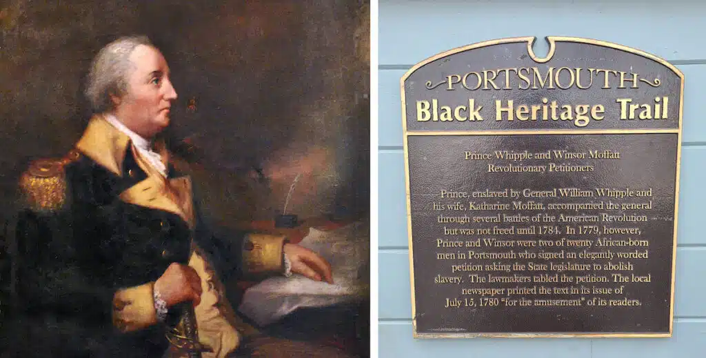 Portrait of a man in uniform beside a plaque for Portsmouth Black Heritage Trail about Prince Whipple and petitioners.