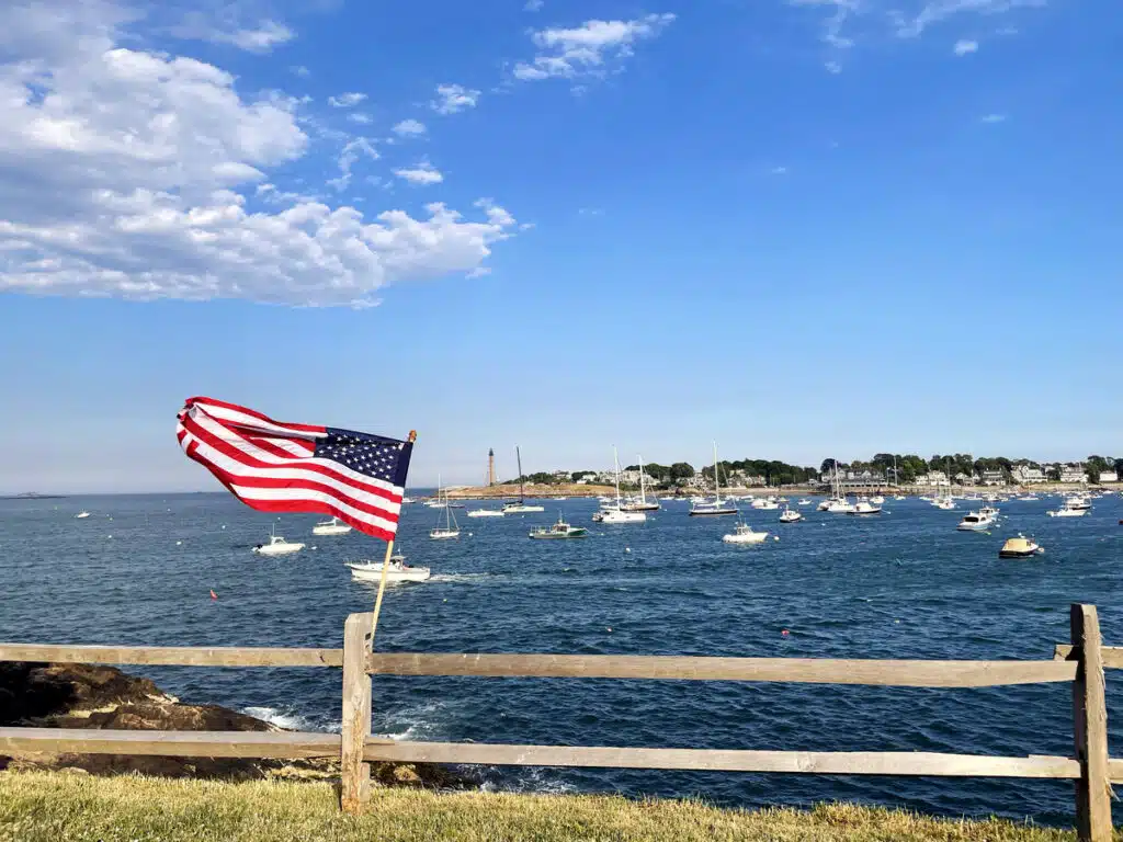 American flag waves at Fort Sewall in Marblehead, Massachusetts.