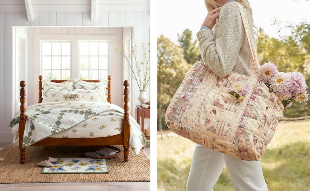 A cozy cottage bedroom and a person holding a floral quilted tote bag with pink flowers sticking out.