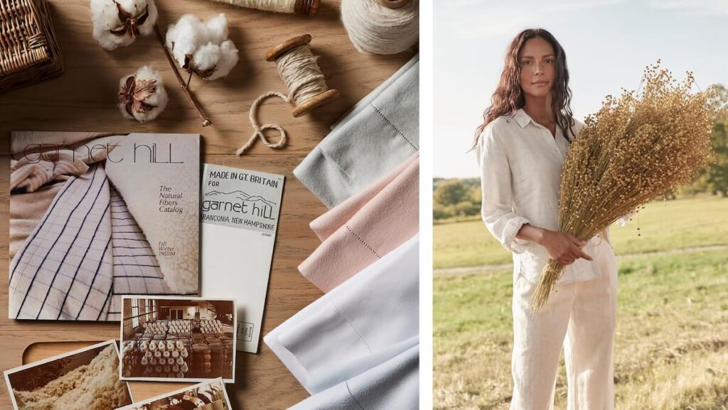 A woman in linen clothes holds dried flowers; on the left are fabric samples, cotton, and sewing materials.