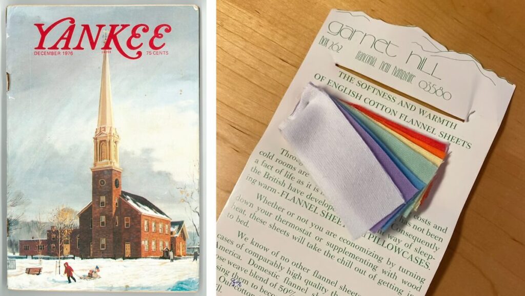 A vintage Yankee magazine cover and fabric swatches attached to a paper advertisement for flannel sheets.
