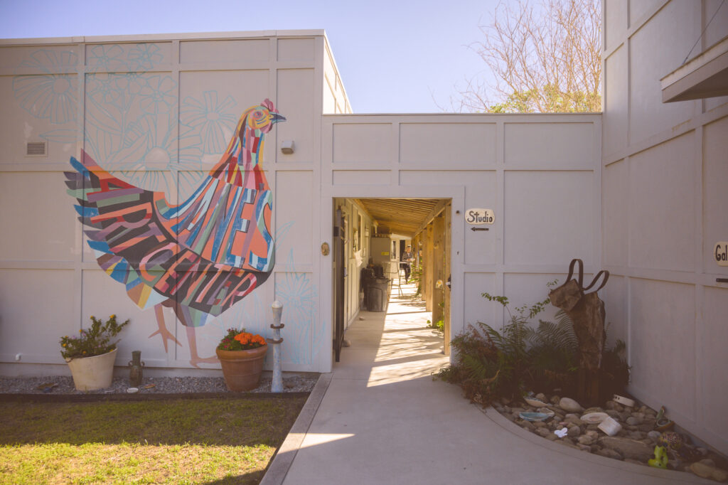 Art center entrance with mural of a colorful bird on the wall, potted plants, and studio signs visible.