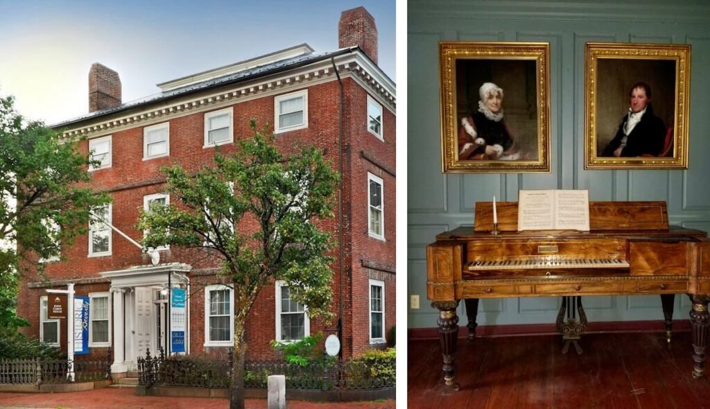 Brick historic house exterior and a room with a vintage piano beneath two framed portraits on the wall.
