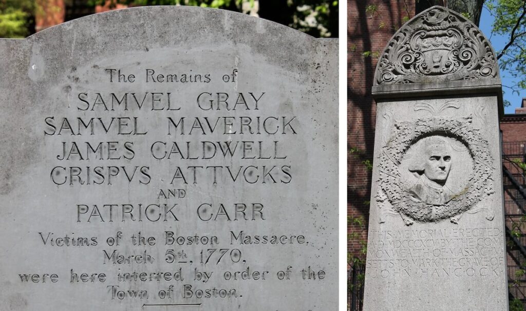 Left: Gravestone with victims' names of the Boston Massacre; right: monument with a relief portrait and inscription.