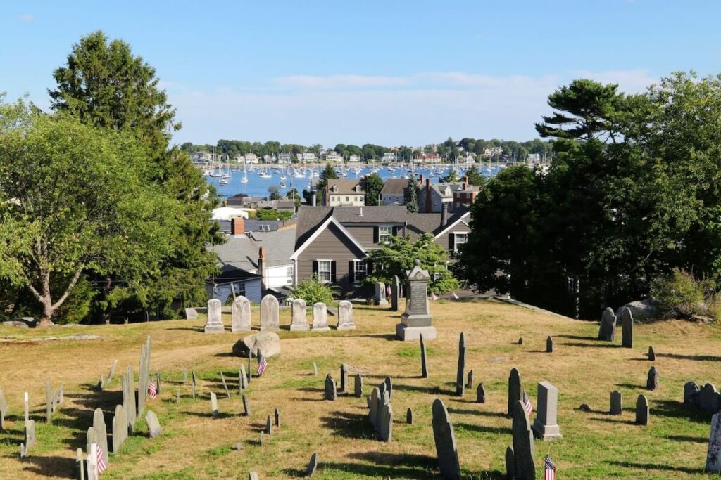 Grassy cemetery with headstones, houses, and a harbor with boats in the background under a blue sky.