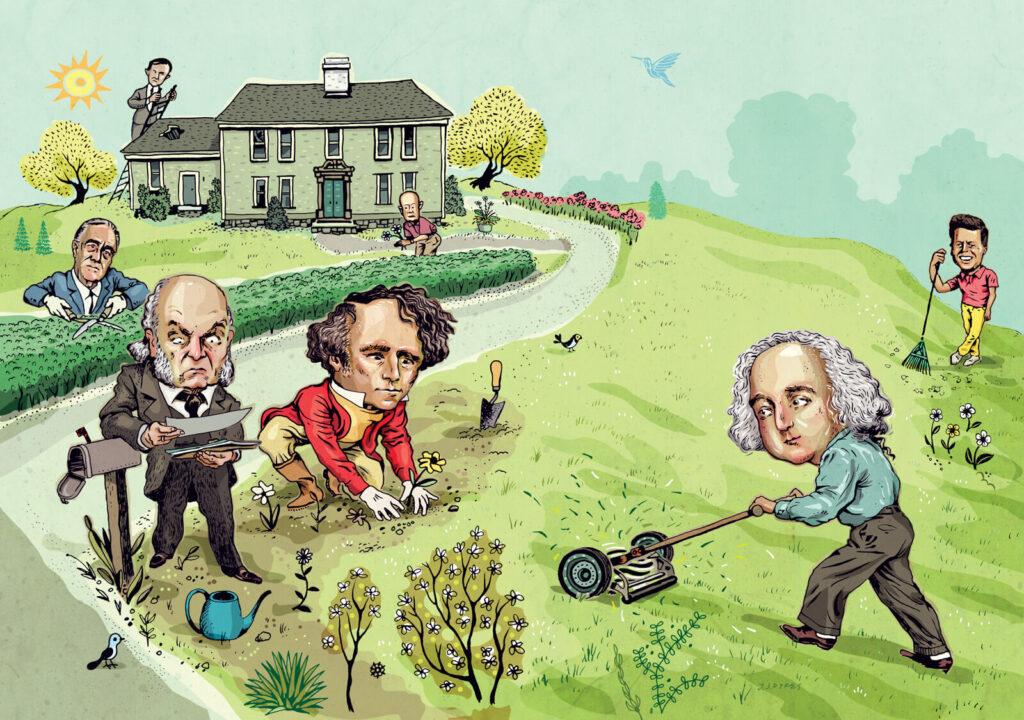 Caricatures of U.S. presidents gardening and mowing in front of a large house, with one playing golf.