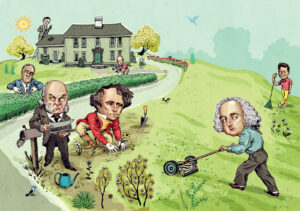 Caricatures of U.S. presidents gardening and mowing in front of a large house, with one playing golf.