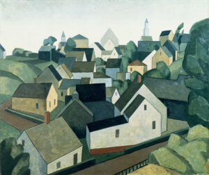 A stylized painting of a village with clustered houses, green hills, trees, and church steeples in the background.