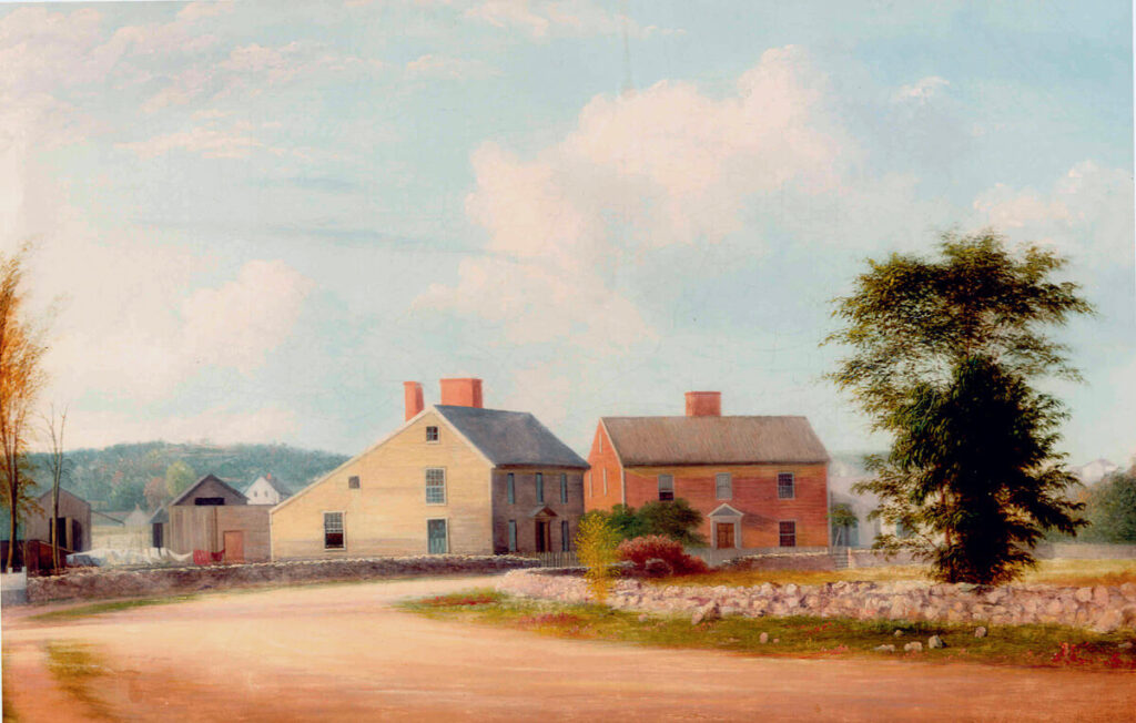 Inside New England's Presidential Homes, From John Adams to Franklin Pierce. Two colonial-style houses sit along a dirt road, surrounded by trees, stone walls, and distant buildings.