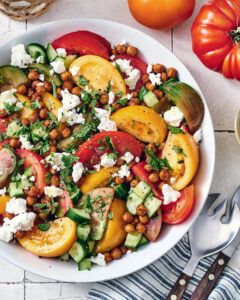 Tomato, Crispy Chickpea & Feta Salad with Garlic-Honey Vinaigrette
