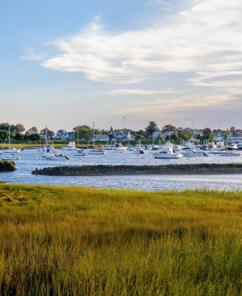 Boats anchored in a calm harbor with grassy shore and houses in the background under a partly cloudy sky.