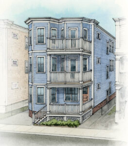 A three-story blue house with bay windows and balconies, viewed from the street corner.