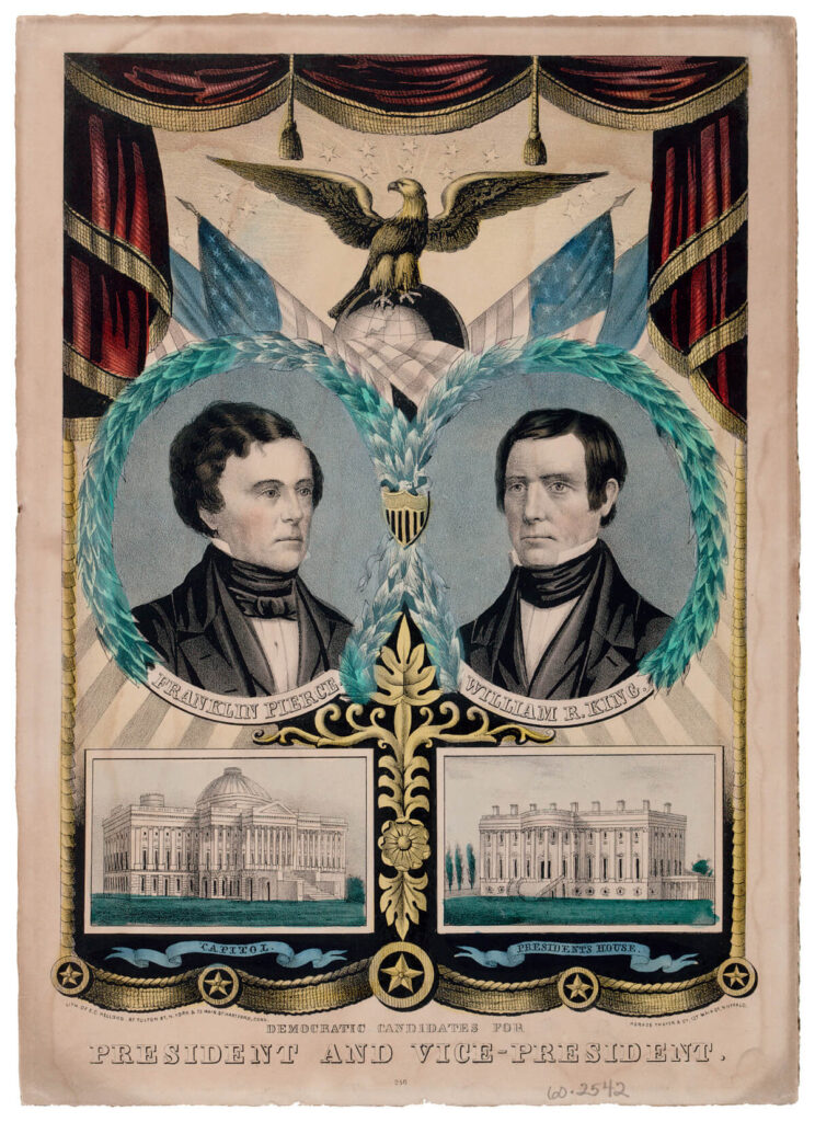 Two men’s portraits above illustrations of the U.S. Capitol and White House, with an eagle and patriotic symbols.
