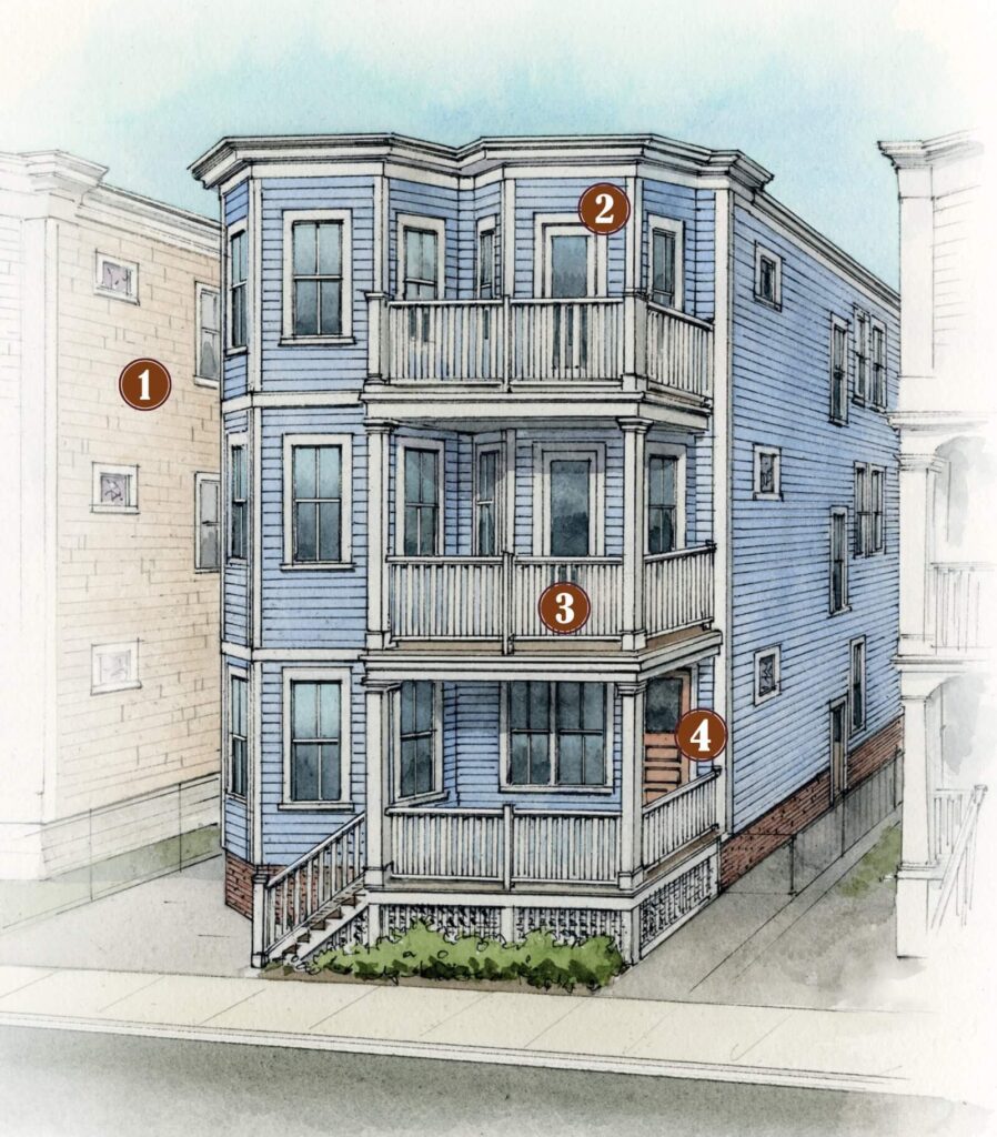Triple-decker: A blue three-story house with balconies, labeled numbers 1 to 4 on various floors and balcony areas.