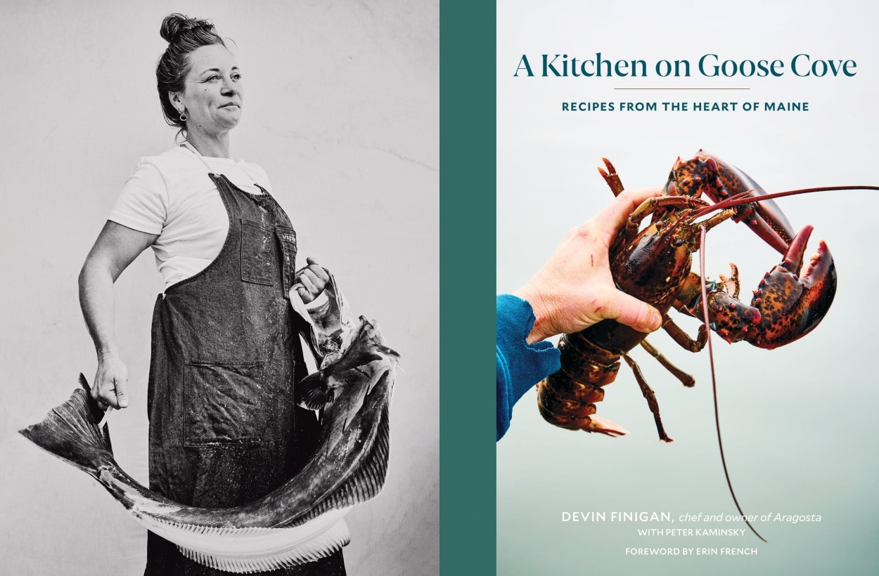 Left: Woman in apron holding a large fish. Right: Hand holding a lobster, book cover titled "A Kitchen on Goose Cove.