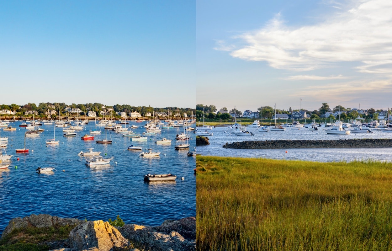 Split image: left shows boats on blue water, right shows grassy shore with boats and houses in the background.