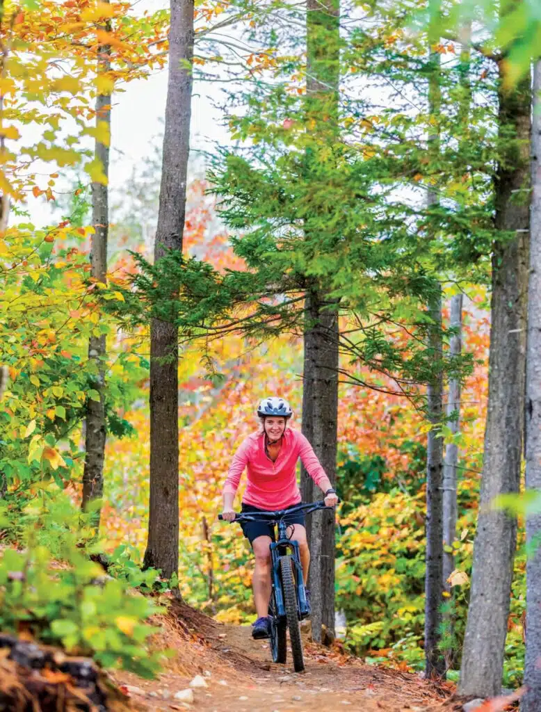 Person wearing a helmet rides a bike on a forest trail lined with colorful autumn trees.