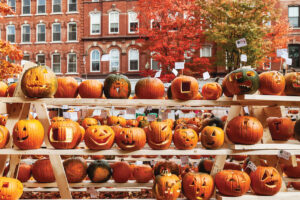 Rows of carved pumpkins on wooden racks with autumn trees and brick buildings in the background.