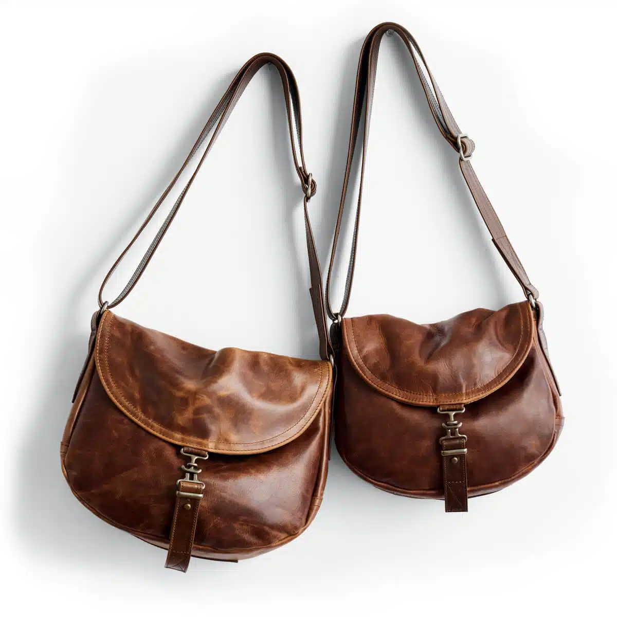 Two brown leather crossbody bags with buckled flaps and adjustable straps, displayed side by side on a white surface.