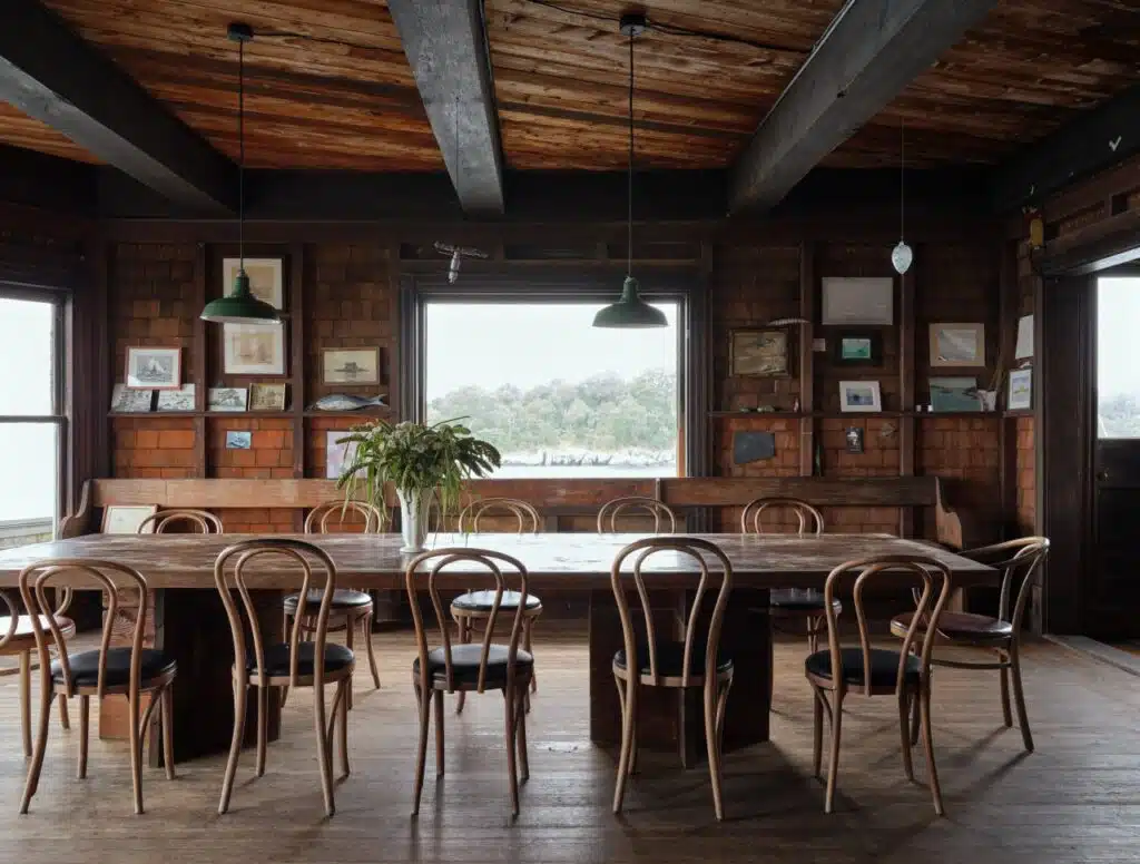 A rustic dining room with a long wooden table, chairs, large windows, and framed art on shingled walls.