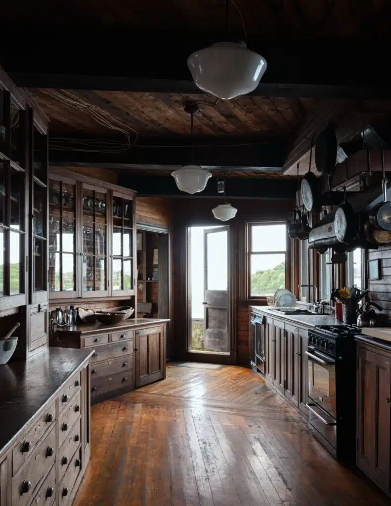 Rustic wooden kitchen with hanging pots, glass cabinets, and sunlight streaming through a door to the outside.