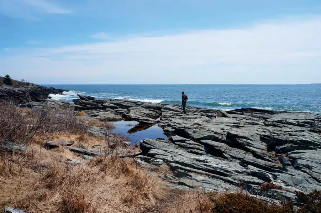 Person stands on rocky shore looking at the ocean, with dry grass and blue sky in the background.