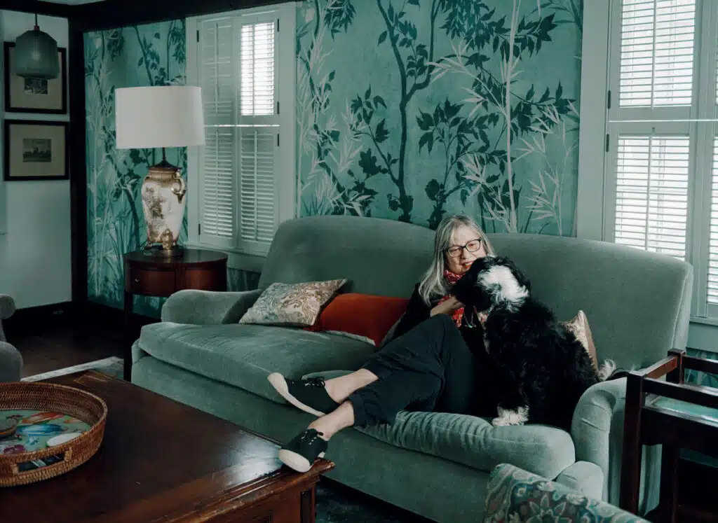 Alice Hoffman at home in Cambridge, Massachusetts, with her Tibetan terrier, Violet.
