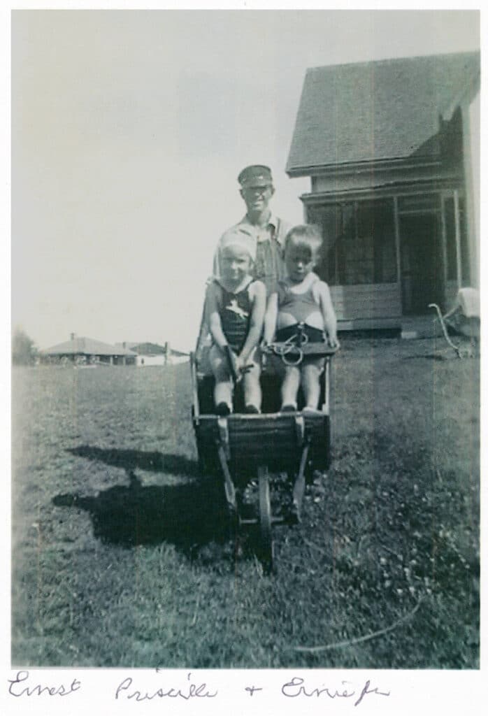 An adult pushes two children in a wheelbarrow on grass in front of a house under a sunny sky.