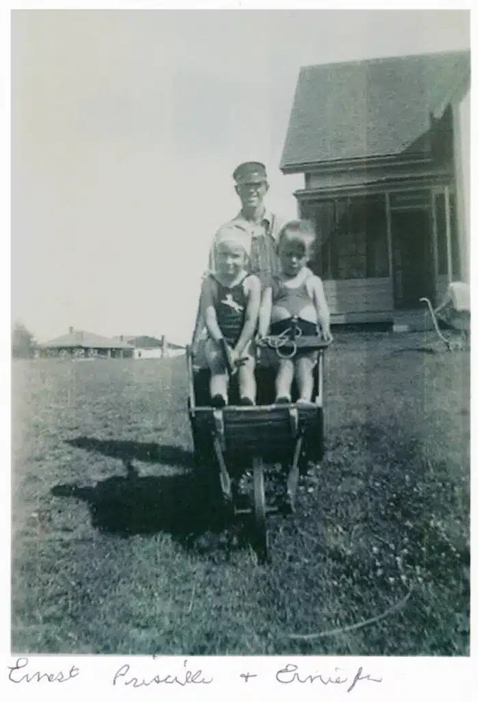 An adult pushes two children in a wheelbarrow on grass in front of a house under a sunny sky.