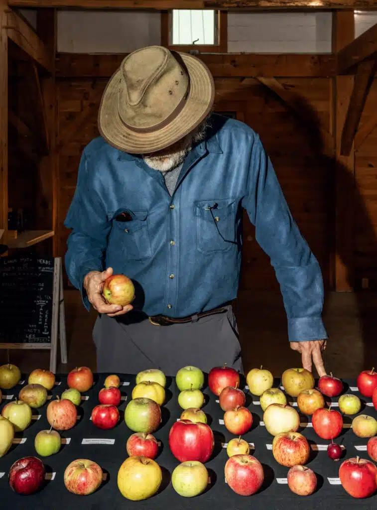 Older man in a hat examines apples on a table, pointing at one, indoors with wooden walls.