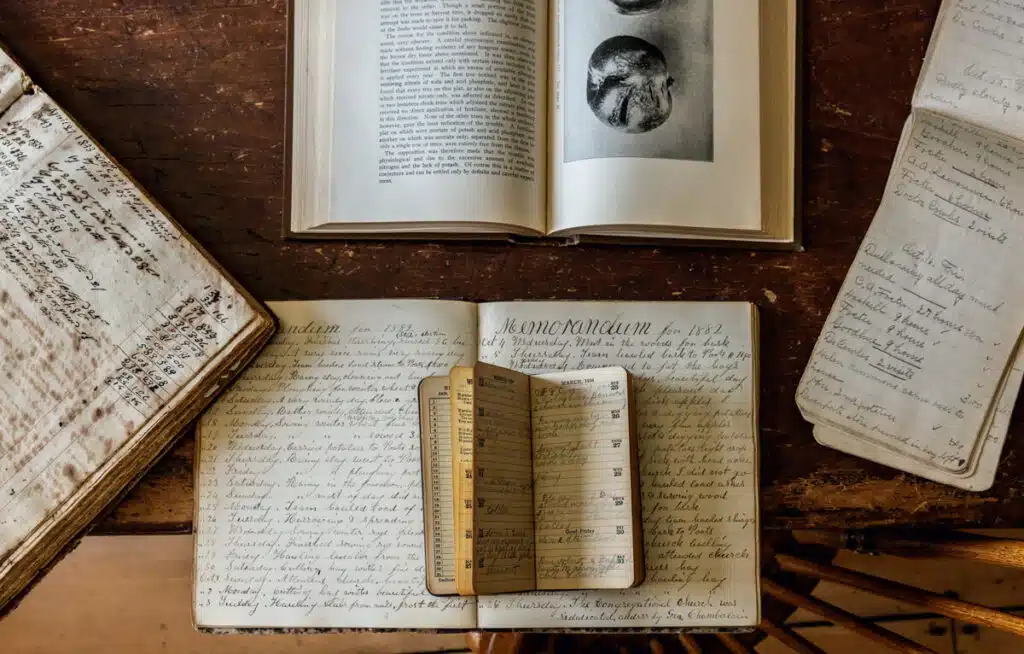 Open vintage books and handwritten journals spread out on a wooden table, viewed from above.