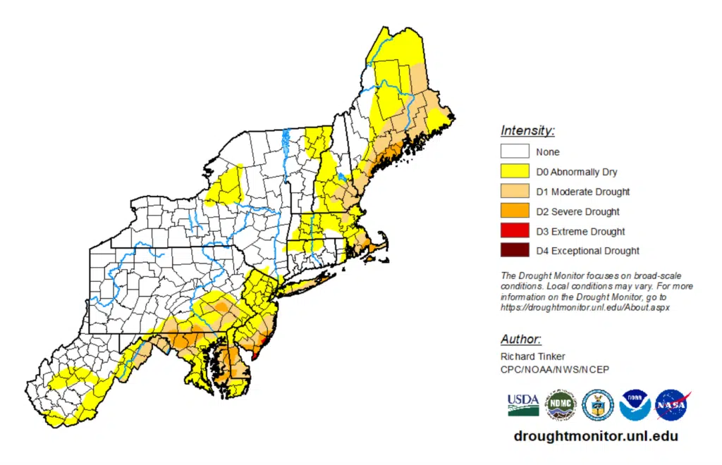 Map of Northeastern US showing areas with varying drought intensity, from none to moderate drought.