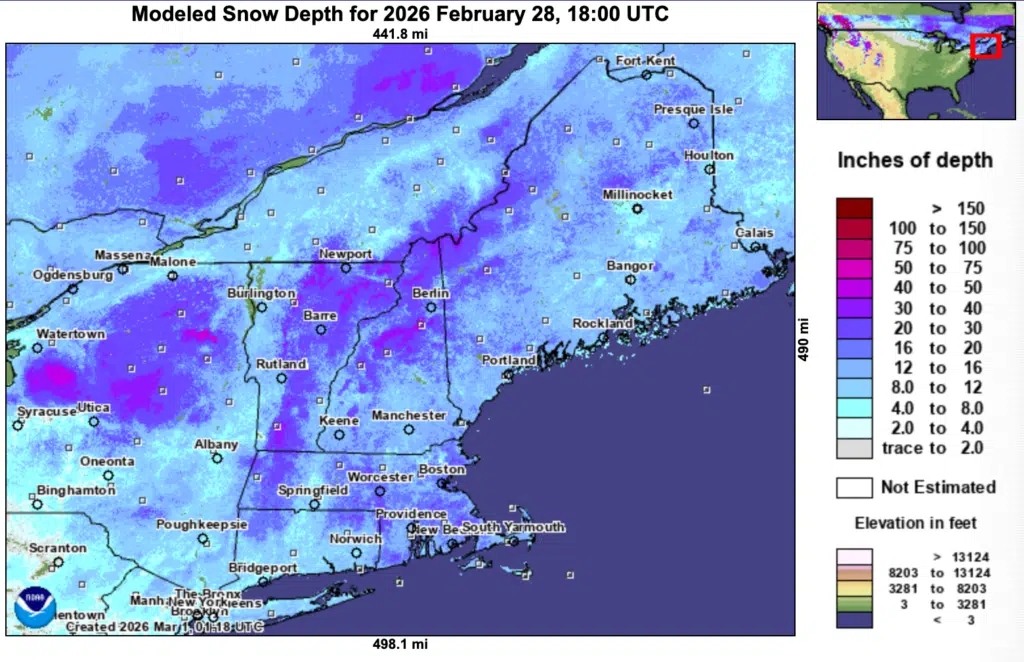 Snow depth map of New England for Feb 28, 2026; colors show varying inches of snow in different areas.
