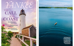 Left: Lighthouse by sea at sunset. Right: Person rowing boat on calm blue lake surrounded by trees.