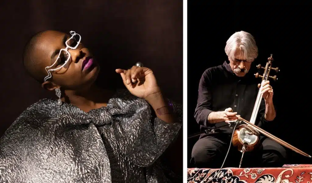 Left: Person in silver outfit, bold glasses. Right: Person playing a string instrument, focused on performance.
