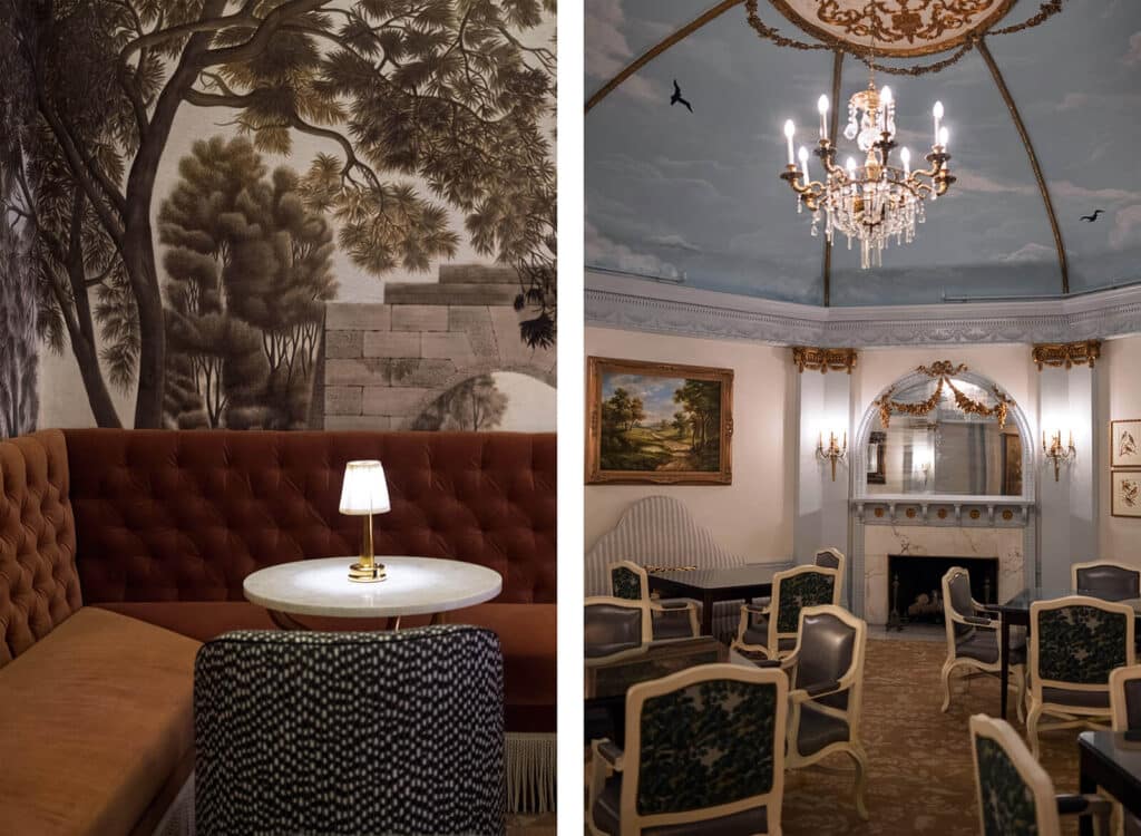 Left: cozy booth with mural; right: elegant room with chandelier, fireplace, and vintage chairs.