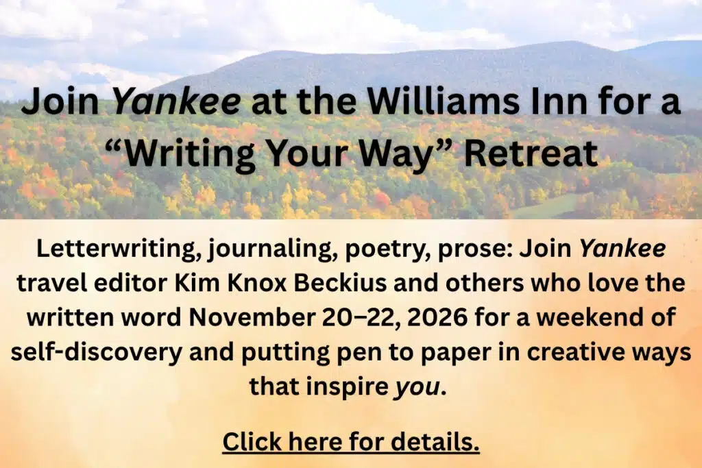 Text over a fall landscape invites readers to a “Writing Your Way” retreat at the Williams Inn, Nov. 20–22, 2026.