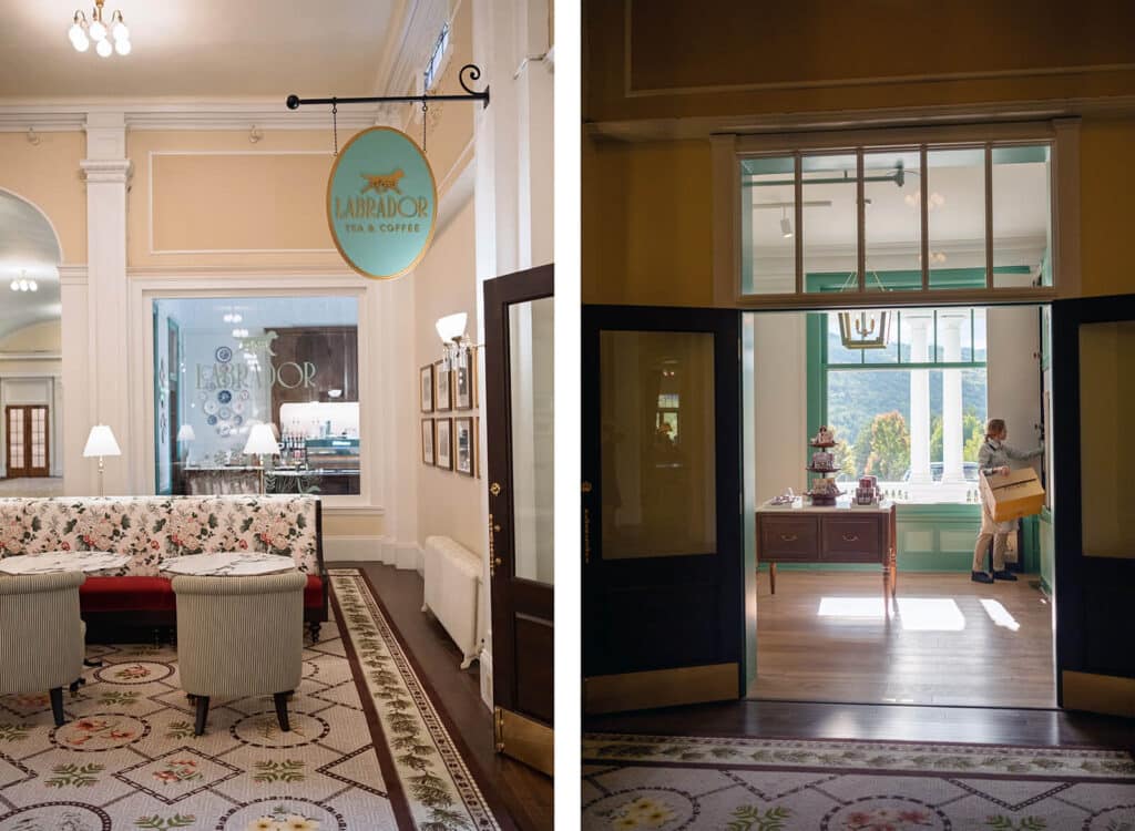 Left: Floral sofa and chairs in a cozy cafe. Right: Man carries a box into a bright, elegant room with treats.