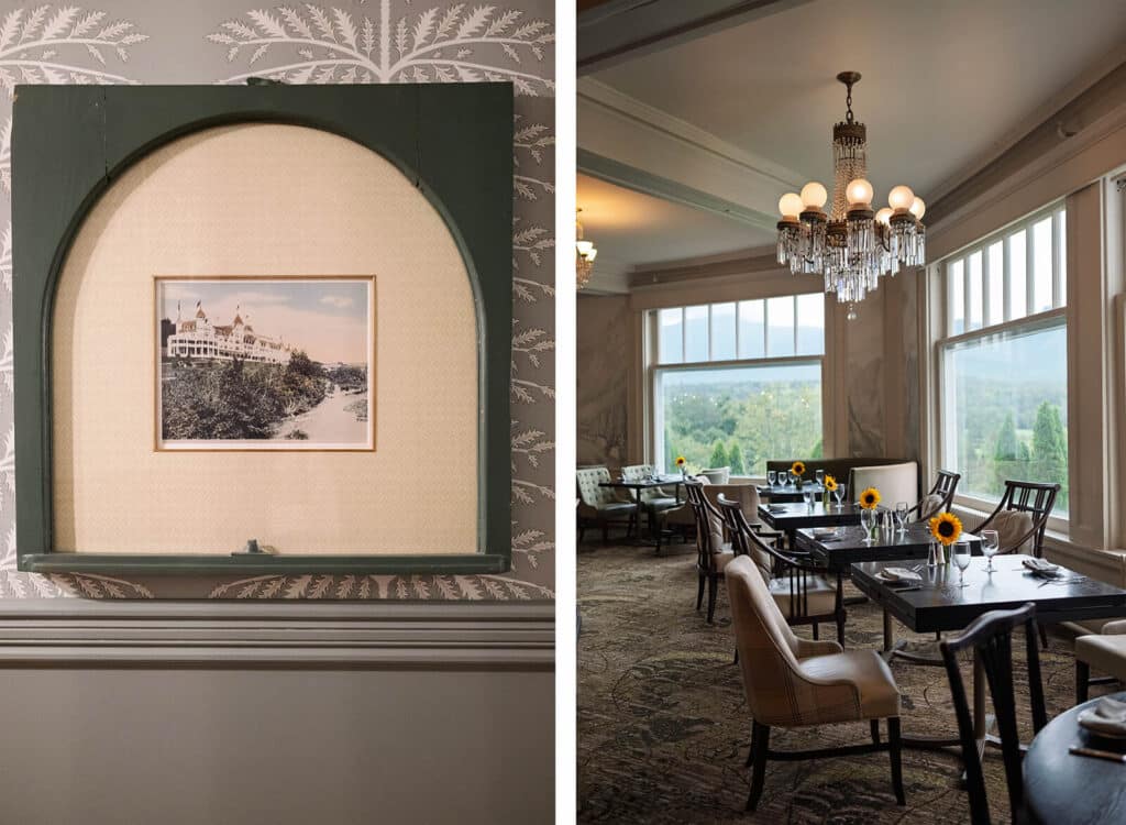Framed vintage photo on wall; elegant dining room with large windows, sunflowers, and mountain views.