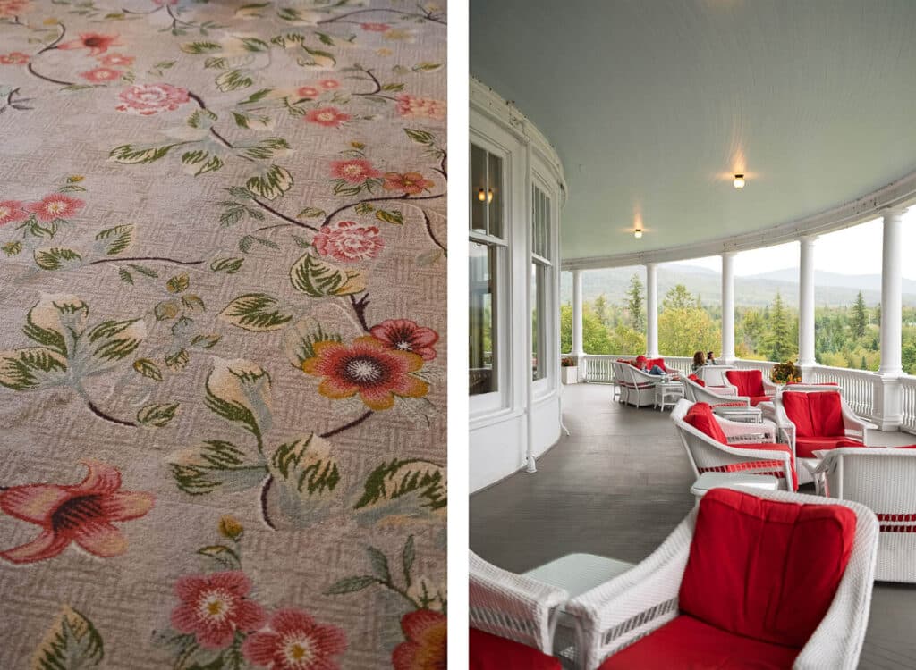 Left: floral carpet pattern. Right: porch with white chairs, red cushions, white columns, and mountain view.