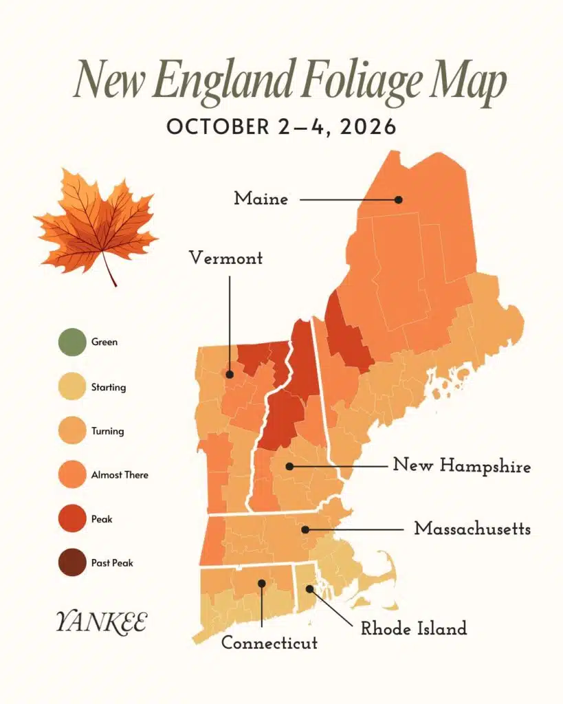 Map of New England showing fall foliage stages in October 2026 with color-coded regions and a leaf graphic.